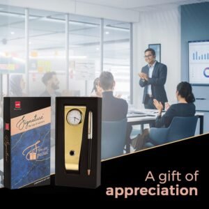 Cello Signature Corporate Gift Set | Blue Ink | 1 Ball Pen + 1 Golden Finish Table Clock with Pen Holder | Premium Metal Pen for Gift | Stylish Corporate & New Year Gifts for Men & Women