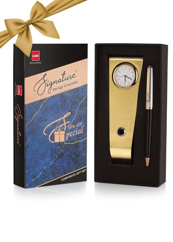 Cello Signature Corporate Gift Set | Blue Ink | 1 Ball Pen + 1 Golden Finish Table Clock with Pen Holder | Premium Metal Pen for Gift | Stylish Corporate & New Year Gifts for Men & Women - Image 3