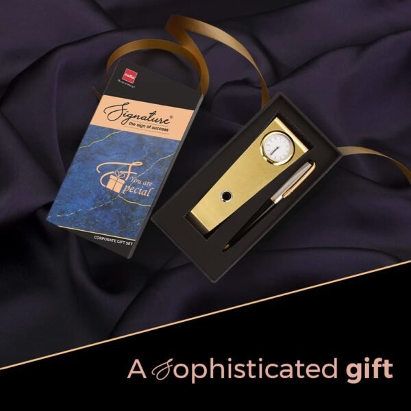 Cello Signature Corporate Gift Set | Blue Ink | 1 Ball Pen + 1 Golden Finish Table Clock with Pen Holder | Premium Metal Pen for Gift | Stylish Corporate & New Year Gifts for Men & Women - Image 5