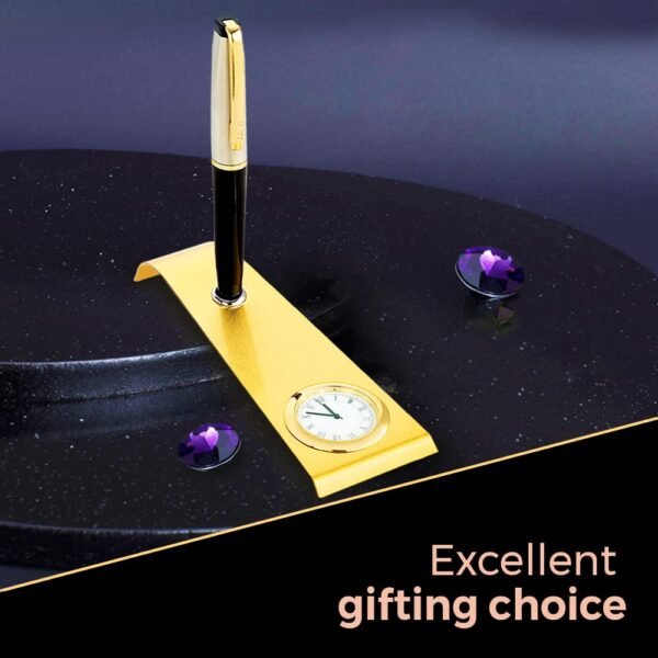Cello Signature Corporate Gift Set | Blue Ink | 1 Ball Pen + 1 Golden Finish Table Clock with Pen Holder | Premium Metal Pen for Gift | Stylish Corporate & New Year Gifts for Men & Women - Image 7
