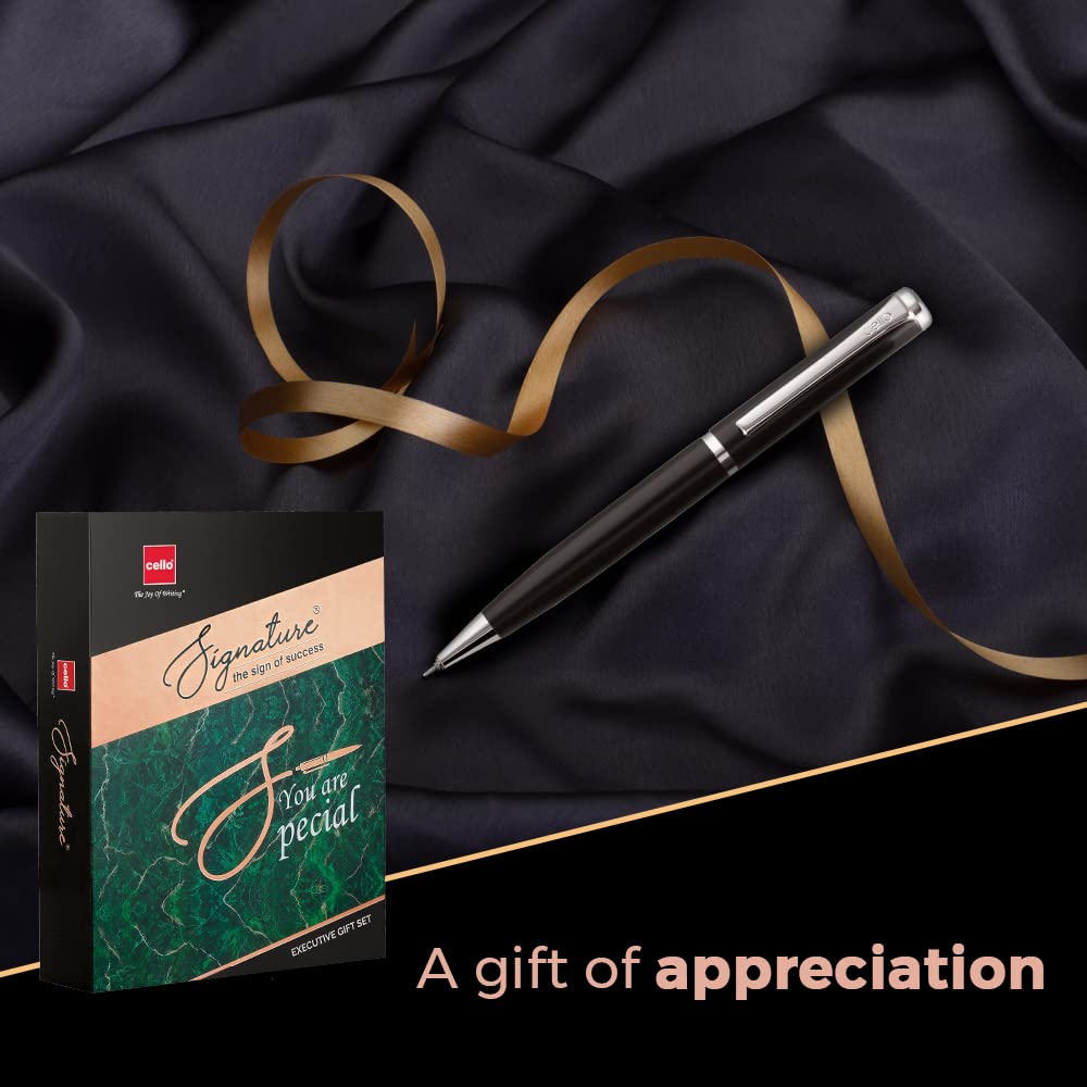 Cello Signature Executive Gift Set | Blue Ink | 1 Ball Pen + 1 Metal Keychain + 1 RFID Protected Wallet | Black Finish Pen | Premium Metal Pens | Stylish Gifts for Men | Corporate Gifting - Image 5