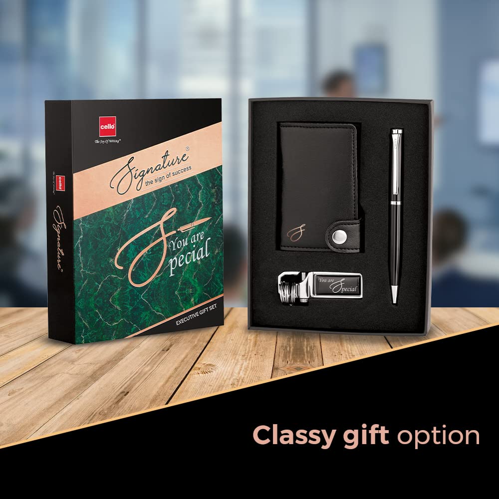 Cello Signature Executive Gift Set | Blue Ink | 1 Ball Pen + 1 Metal Keychain + 1 RFID Protected Wallet | Black Finish Pen | Premium Metal Pens | Stylish Gifts for Men | Corporate Gifting - Image 7