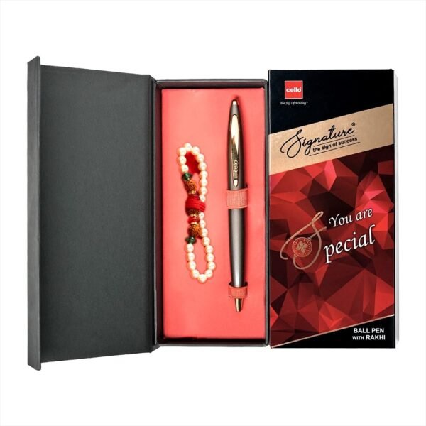 Cello Signature Pen Gift Set | Blue Ink | Pack Of 1 Rudraksha Pearl Bracelet & 1 Ball Pen | Gun Metal Finish | Premium Metal Pens for Office Use | Corporate Gifting | Stylish Gifts for Bhai Dooj - Image 3