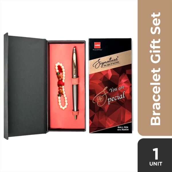 Cello Signature Pen Gift Set | Blue Ink | Pack Of 1 Rudraksha Pearl Bracelet & 1 Ball Pen | Gun Metal Finish | Premium Metal Pens for Office Use | Corporate Gifting | Stylish Gifts for Bhai Dooj - Image 4