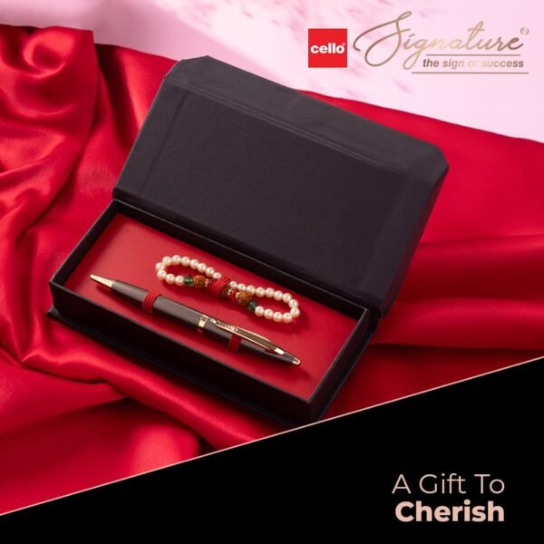Cello Signature Pen Gift Set | Blue Ink | Pack Of 1 Rudraksha Pearl Bracelet & 1 Ball Pen | Gun Metal Finish | Premium Metal Pens for Office Use | Corporate Gifting | Stylish Gifts for Bhai Dooj - Image 5