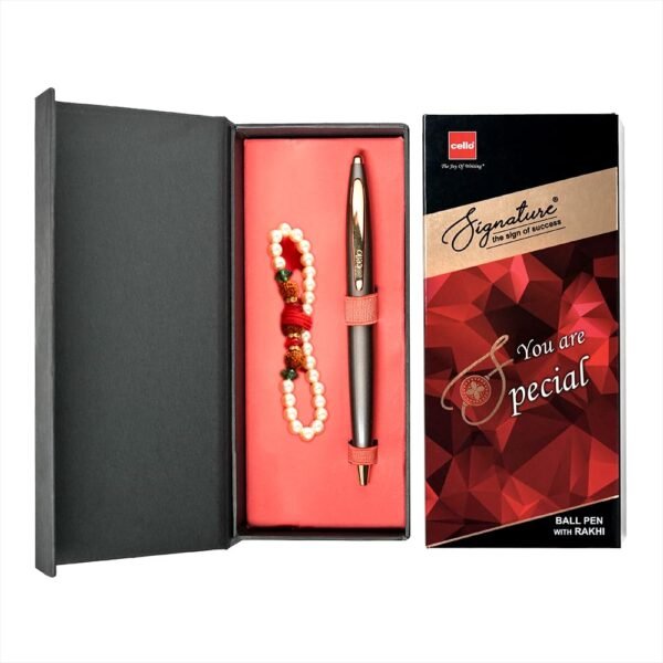 Cello Signature Pen Gift Set | Blue Ink | Pack Of 1 Rudraksha Pearl Bracelet & 1 Ball Pen | Gun Metal Finish | Premium Metal Pens for Office Use | Corporate Gifting | Stylish Gifts for Bhai Dooj - Image 6