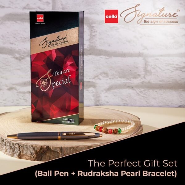 Cello Signature Pen Gift Set | Blue Ink | Pack Of 1 Rudraksha Pearl Bracelet & 1 Ball Pen | Gun Metal Finish | Premium Metal Pens for Office Use | Corporate Gifting | Stylish Gifts for Bhai Dooj - Image 7