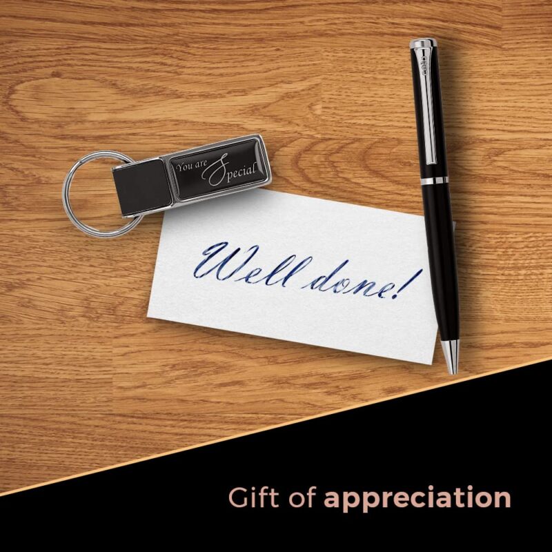 Cello Signature Professional Gift Set | Blue Ink | 1 Ball Pen + 1 Metal Keychain | Black and Silver Finish | Premium Metal Pen for Gift | Stylish Corporate and New Year Gifts for Men and Women