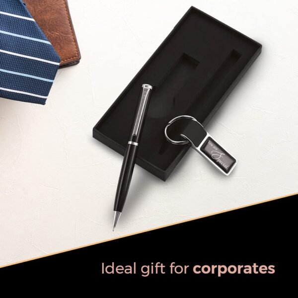 Cello Signature Professional Gift Set | Blue Ink | 1 Ball Pen + 1 Metal Keychain | Black & Silver Finish | Premium Metal Pen for Gift | Stylish Corporate & New Year Gifts for Men & Women - Image 3