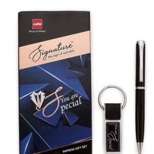 Cello Signature Professional Gift Set | Blue Ink | 1 Ball Pen + 1 Metal Keychain | Black and Silver Finish | Premium Metal Pens for Office | Stylish Gifts for Men & Women | Corporate Gifting