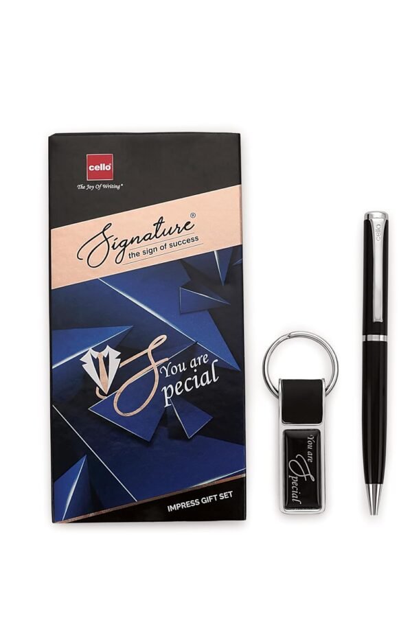 Cello Signature Professional Gift Set | Blue Ink | 1 Ball Pen + 1 Metal Keychain | Black and Silver Finish | Premium Metal Pens for Office | Stylish Gifts for Men & Women | Corporate Gifting