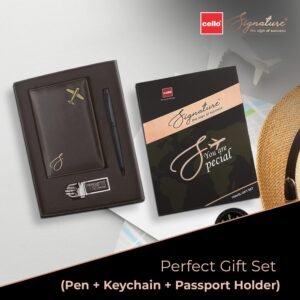 Cello Signature Travel Gift Set | Blue Ink | 1 Ball Pen + 1 Metal Keychain + 1 Classy Passport Holder | Matte Finish Pen | Premium Pens | Stylish Gifts for Men & Women | Corporate Gifting