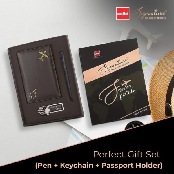 Cello Signature Travel Gift Set | Blue Ink | 1 Ball Pen + 1 Metal Keychain + 1 Classy Passport Holder | Matte Finish Pen | Premium Pens | Stylish Gifts for Men & Women | Corporate Gifting