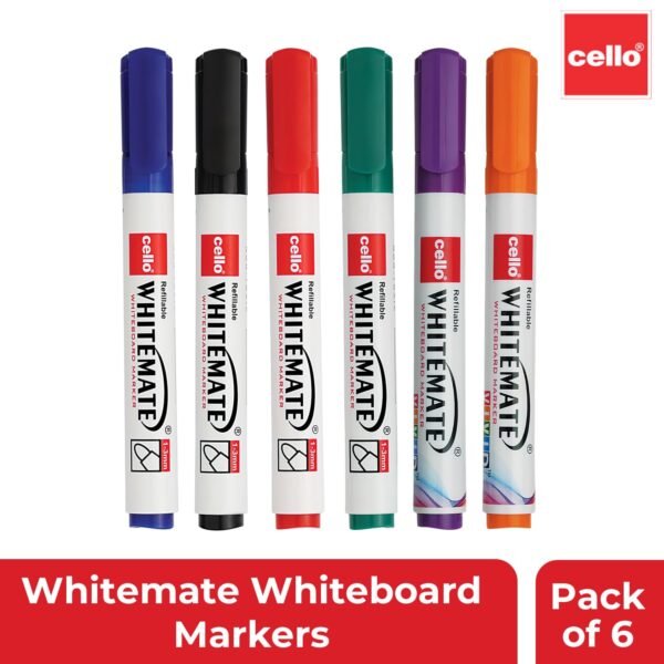 Cello Whitemate Whiteboard BoldMarkers | Set of 6 | Assorted Ink Colours | Whiteboard Marker with Easily Erasable Ink | Refillable Whiteboard Markers Markers - Image 8