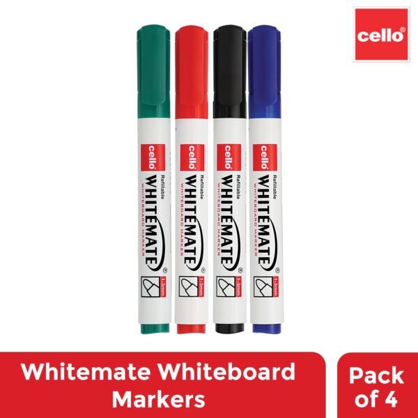 Cello Whitemate Whiteboard Markers | Set Of 4 Markers | 4 Assorted Ink Colours | Fine Point Marker Pens With Easily Refillable And Erasable Ink | Writes Longer - Image 3