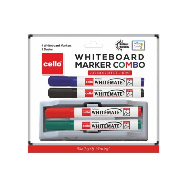 Cello Whitemate Whiteboard Markers | Set Of 4 Markers And 1 Duster | 4 Assorted Ink Colours | Bold Point Marker Pens With Easily Refillable And Erasable Ink | Writes Longer. - Image 4