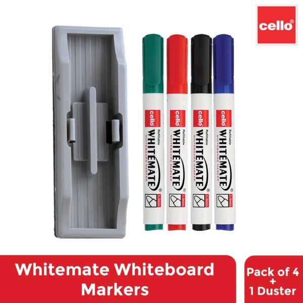 Cello Whitemate Whiteboard Markers | Set Of 4 Markers And 1 Duster | 4 Assorted Ink Colours | Bold Point Marker Pens With Easily Refillable And Erasable Ink | Writes Longer. - Image 6
