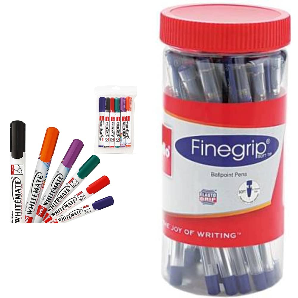Cello Whitemate Whiteboard Markers Set of 6 (Multicolored) School and Office Stationery Ideal for Work from Home Finegrip Ball Pen (25 Pens Jar - Blue) Comfortable and Smooth writing ball pens - Image 4