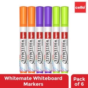 Cello Whitemate Whiteboard Vivid Bold Markers | Set of 6 Markers | 3 Assorted Ink Colours | Marker Pens with Easily Refillable and Erasable Ink | Writes Longer.