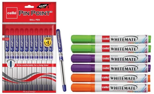 Cello Whitemate Whiteboard Vivid Markers | Set of 6 Pinpoint Ball Pen | Pack of 10 | Blue Ball Pens - Image 4