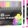Corslet 12 Pcs Dual Tip Brush Pens Felt Tip Pen Set 12 Colors, Colouring Pens Art Markers for Kids and Adults, Colouring Book, Art Supplies Fineliner Tip Brush Marker for Drawing Sketching