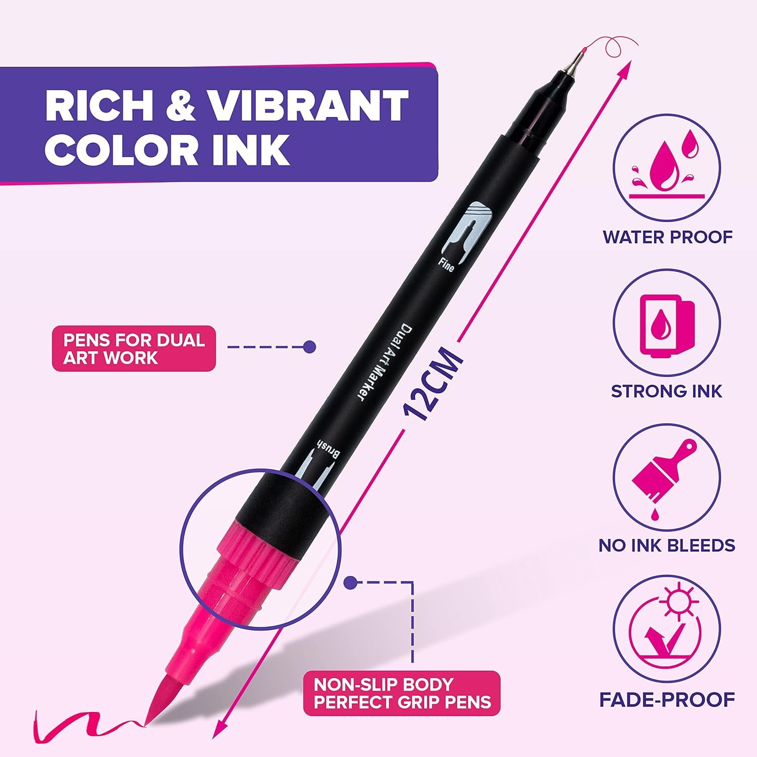 Corslet 12 Pcs Dual Tip Brush Pens Felt Tip Pen Set 12 Colors, Colouring Pens Art Markers for Kids and Adults, Colouring Book, Art Supplies Fineliner Tip Brush Marker for Drawing Sketching - Image 9