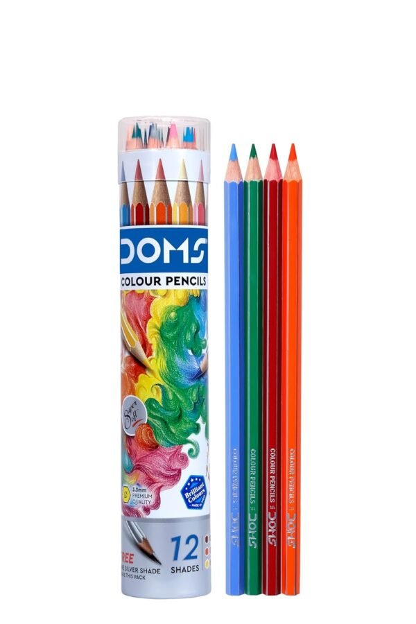 DOMS 12 Colour Pencils 3mm - 12 Colours (Silver & Gold Shade Free Inside) - Soft Wood Hexagonal Colour Pencils