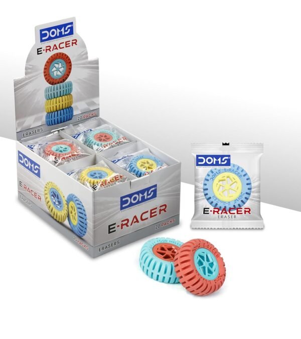 DOMS E-Racer Erasers Pack of 20| Round Wheel Shape for Better Grip| for Neat & Clean Erasing| Best Birthday Gift for Children| Non-Toxic & Safe for Children