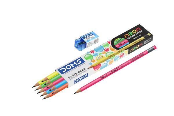 DOMS Neon Rubber Tipped HB/2 Graphite Pencils Box Pack | Non-Toxic | Free Sharpner Inside The Box | Easy & Smooth Sharpening | Pack Of 10 Pencils