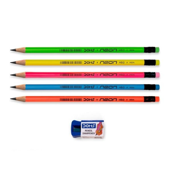 DOMS Neon Rubber Tipped HB/2 Graphite Pencils Box Pack | Non-Toxic | Free Sharpner Inside The Box | Easy & Smooth Sharpening | Pack Of 10 Pencils - Image 2