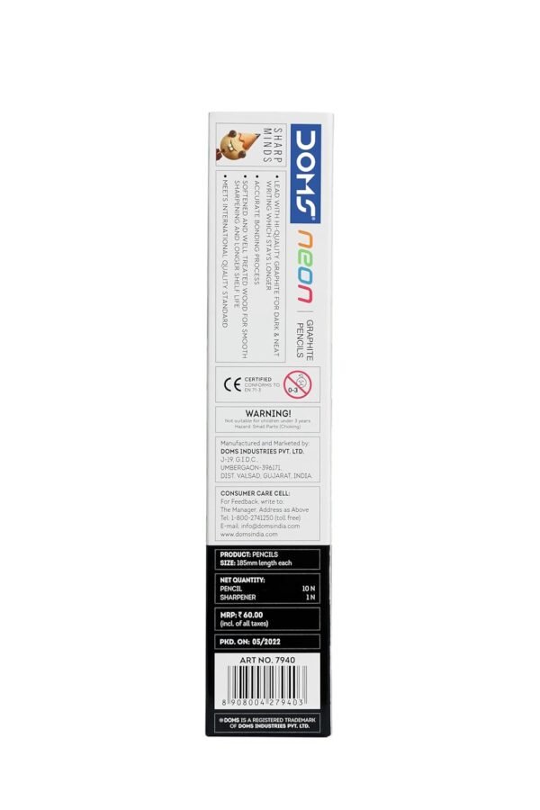 DOMS Neon Rubber Tipped HB/2 Graphite Pencils Box Pack | Non-Toxic | Free Sharpner Inside The Box | Easy & Smooth Sharpening | Pack Of 10 Pencils - Image 5