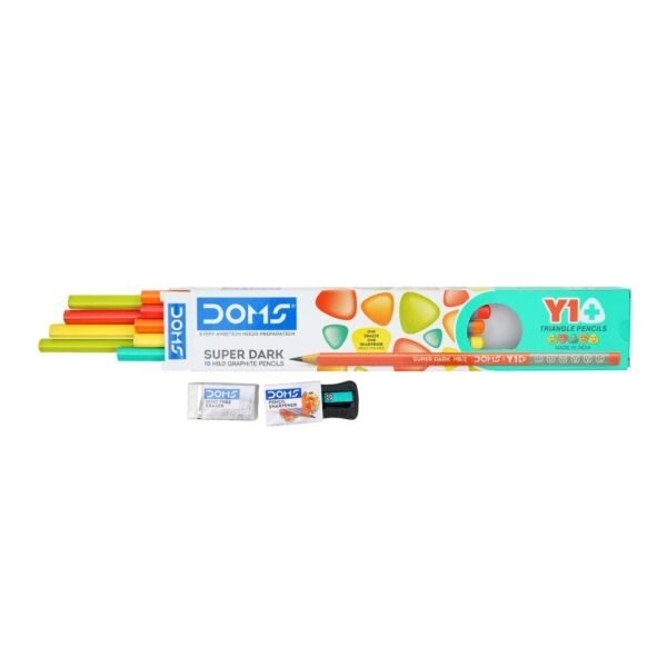 DOMS Y1 + Super Dark HB/2 Graphite Pencil Box Pack | Triangular Shape For Easy Hold & Comfortable Writing | Free One Eraser & Sharpner With Each Pack | Set Of 10 Pencils x Pack Of 2