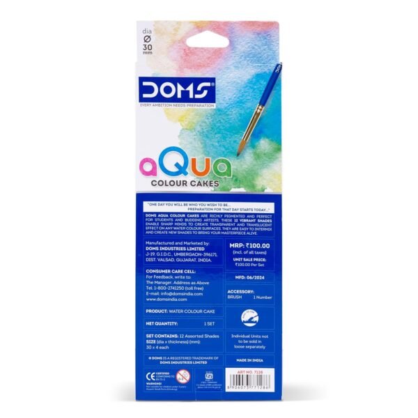 Doms 12 Shades 30mm Water Colour Cakes | Easy To Use Palette Lid | Organic Rich Colour Pigments | Free Brush Inside | Non-Toxic & Safe For Kids | Pack of 1 - Image 4