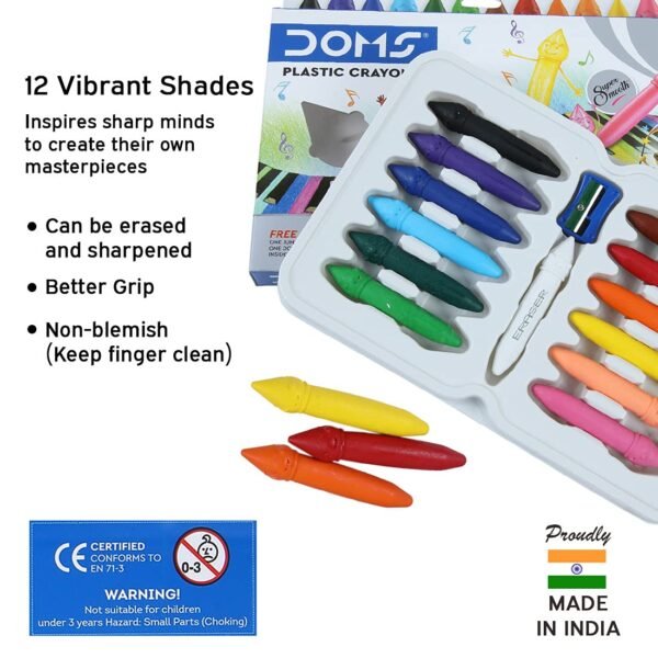 Doms 12 Shades Dommymate Plastic Crayons | Can Be Erased & Sharped | Keep Fingers Clean & Non Messy | Free Sharpner & Eraser Inside | Bright & Vibrant Colors | Pack of 1 - Image 4
