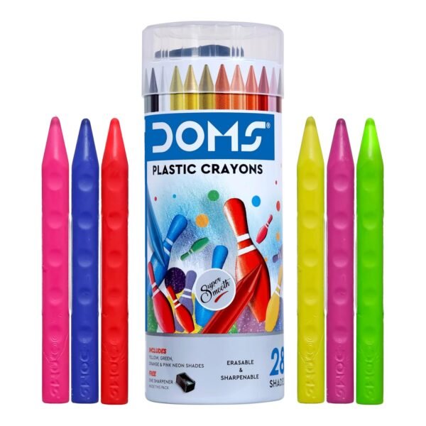 Doms 28 Shades Erasable Plastic Crayons Round Tin Box | Smooth & Even Shading | Bright & Playful Colors | Free Sharpner Inside | Non-Toxic & Safe For Childrens | Pack Of 2, Multicolor