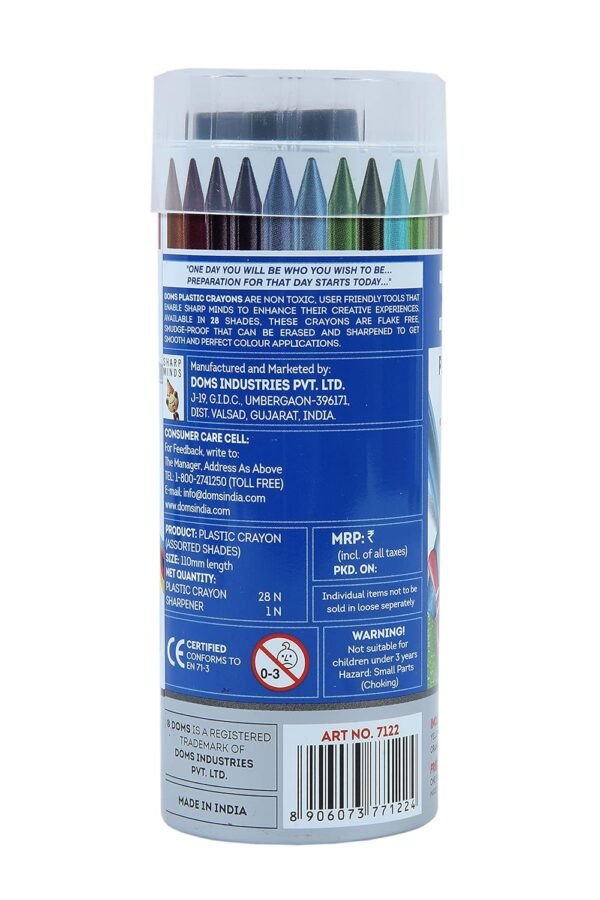 Doms 28 Shades Erasable Plastic Crayons Round Tin Box | Smooth & Even Shading | Bright & Playful Colors | Free Sharpner Inside | Non-Toxic & Safe For Childrens | Pack of 1 - Image 2