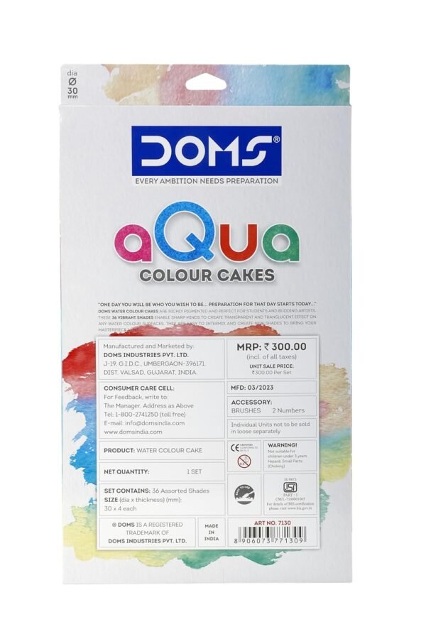 Doms 36 Shades 30mm Water Colour Cakes | Easy To Use Palette Lid | Organic Rich Colour Pigments | Free 2 x Brush Inside | Non-Toxic & Safe For Kids | Pack of 1 - Image 2