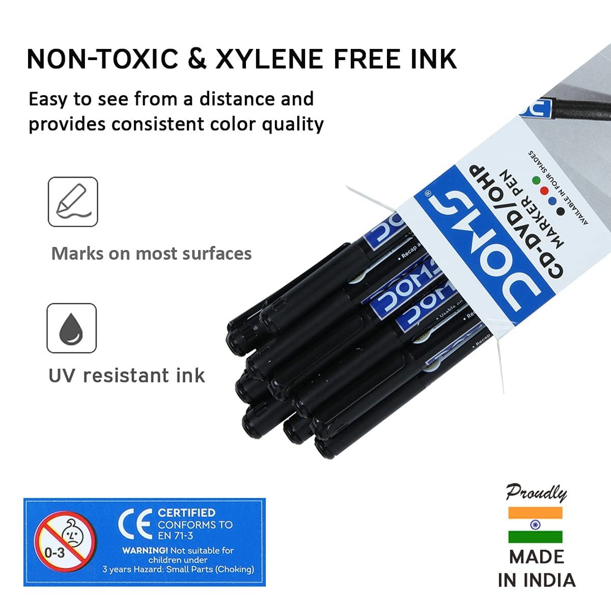 Doms CD-DVD/OHP Pens | Fine Tip Japanese Tip For Clear Marking | Marks On Most Surfaces | Unique Self Hydrating System | Black Ink, Pack of 10