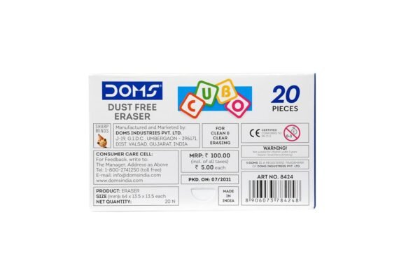 Doms Dust Free Cubo Eraser Box Pack | Comfortable Edge for Easy Handling | Non-Toxic & Safe for Kids | Attractive Body Colors | Pack of 20 Pcs - Image 5