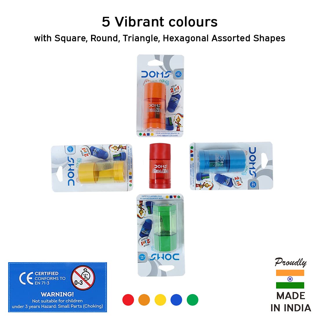 Doms ErasNer Eraser + Sharpner Blister Pack | Durable and Strong Built Quality | 4 Different Shapes in 5 Vibrant Colors | Scientifically Angled Blade With Anti-rust Coating | Pack of 20 Pieces - Image 3