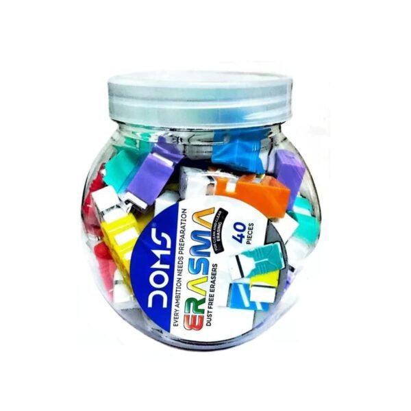Doms Erasma Color Long Eraser Jar Pack | Non Toxic & Safe for Childrens | Dust Free & Smooth Erasing | for School & Stationery Use | Set of 40 Colorful Erasers