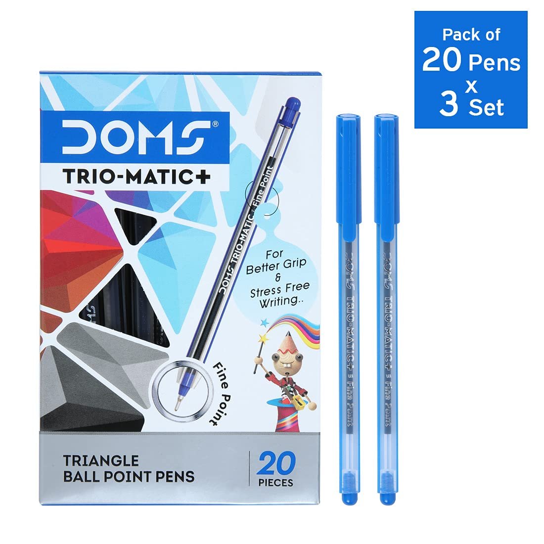 Doms Fine Point Trio-Matic + Ball Point Pen Box Pack | Light Weight Sleek Body | Low-Viscosity Ink For Smudge Free, Fine & Smooth Writing | Blue Ink, Pack of 60 Pens - Image 3