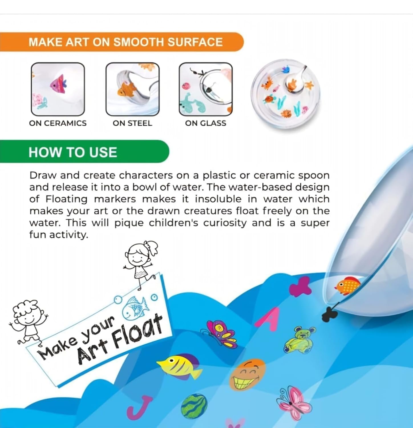 Doms Floating Markers 12 Shades| 5 Mm Medium Tip and Includes 1 Ceramic Spoon For Unlimited Fun| Draw On Ceramic Spoon, Slowly Dip It In Water and Watch The Characters Floating, Multicolor - Image 2