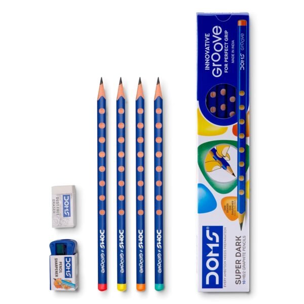 Doms Groove HB/2 Super Dark Graphite Pencil Box Pack | Innovative Groove For Perfect Grip | Free Eraser & Sharpner Inside | Pack of 30 Pencils - Image 3