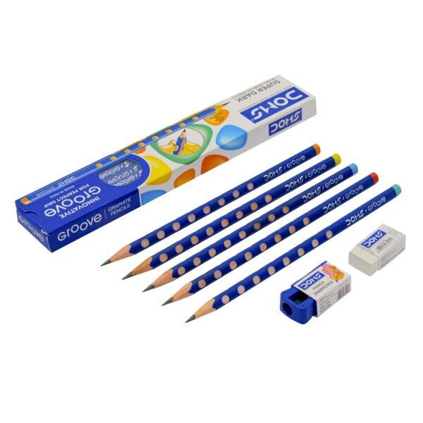 Doms Groove HB/2 Super Dark Graphite Pencil Box Pack | Innovative Groove For Perfect Grip | Free Eraser & Sharpner Inside | Pack of 30 Pencils - Image 4