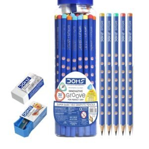 Doms Groove Super Dark HB/2 Graphite Pencils Jar Pack | Innovative Groove For Perfect Grip | Free Pencil, Eraser, Sharpner & Scale | Ideal For Sketching & Drawing | Pack of 30 Pencils