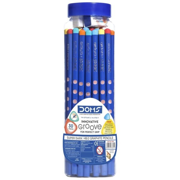Doms Groove Super Dark HB/2 Graphite Pencils Jar Pack | Innovative Groove For Perfect Grip | Free Pencil, Eraser, Sharpner & Scale | Ideal For Sketching & Drawing | Pack of 30 Pencils - Image 5