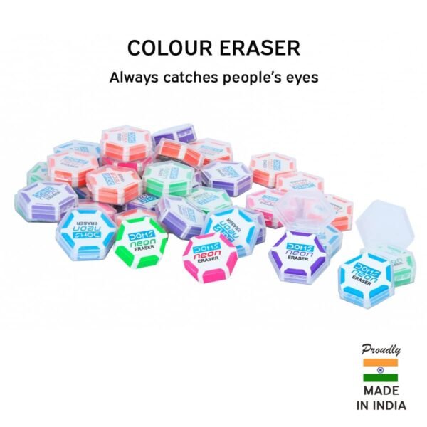 Doms Neon Eraser Box Pack | Hexagonal Eye Catching Design | Neat & Dust Free Erasing | Playful Body Colors | Plastic Case For Each Eraser | Pack of 30 Erasers - Image 3