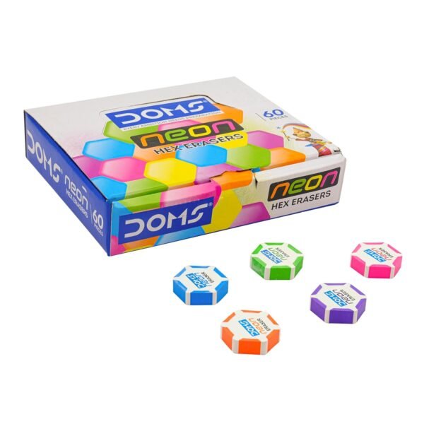 Doms Neon Eraser Box Pack | Hexagonal Eye Catching Design | Neat & Dust Free Erasing | Playful Body Colors | Plastic Case For Each Eraser | Pack of 30 Erasers - Image 4