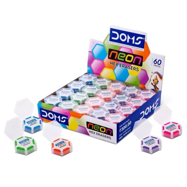 Doms Neon Eraser Box Pack | Hexagonal Eye Catching Design | Neat & Dust Free Erasing | Playful Body Colors | Plastic Case For Each Eraser | Pack of 30 Erasers - Image 5